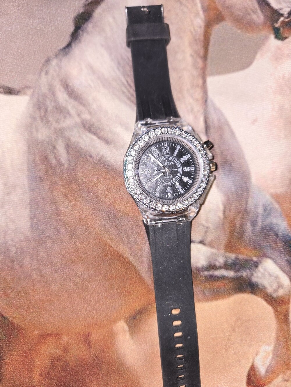 Geneva Black Silicone Strap Watch Crystal Accents Needs A Battery Never Worn